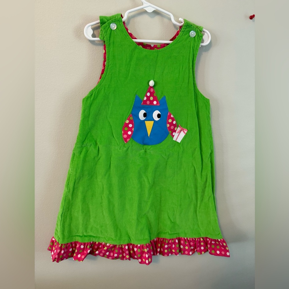 Funtasia Too Green Owl Applique Jumper Dress with Red Polka Dot Trim